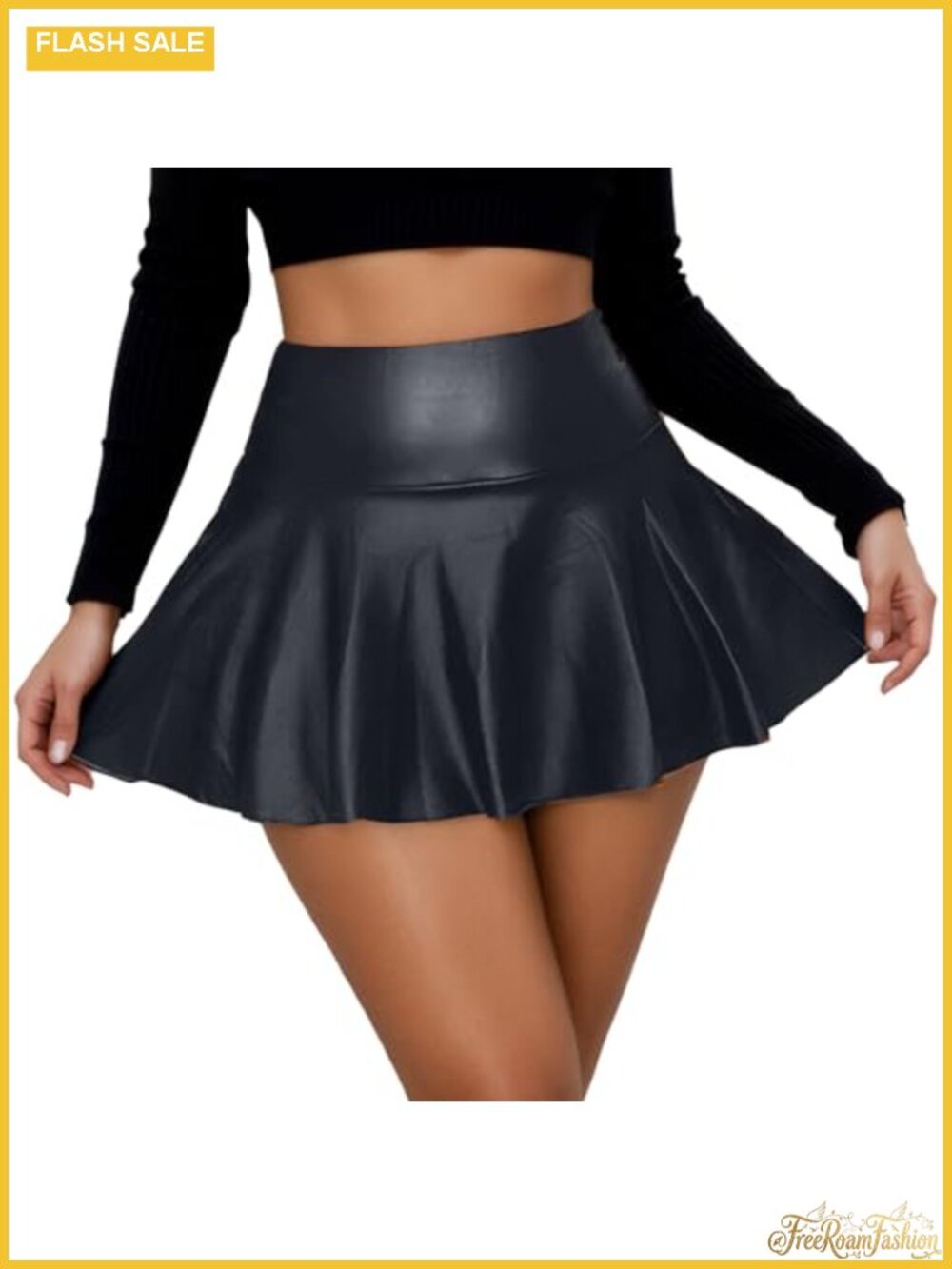 Faux Leather Mini Skirt High Waist Pleated Flared Hem Club Party